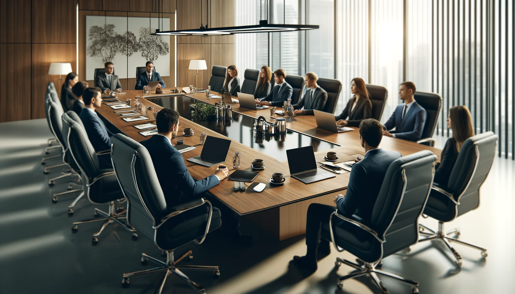 DALL·E 2024-04-14 10.43.33 - A detailed image of a modern business conference table setting. The scene includes a large, sleek conference table made of polished wood, surrounded b (1)
