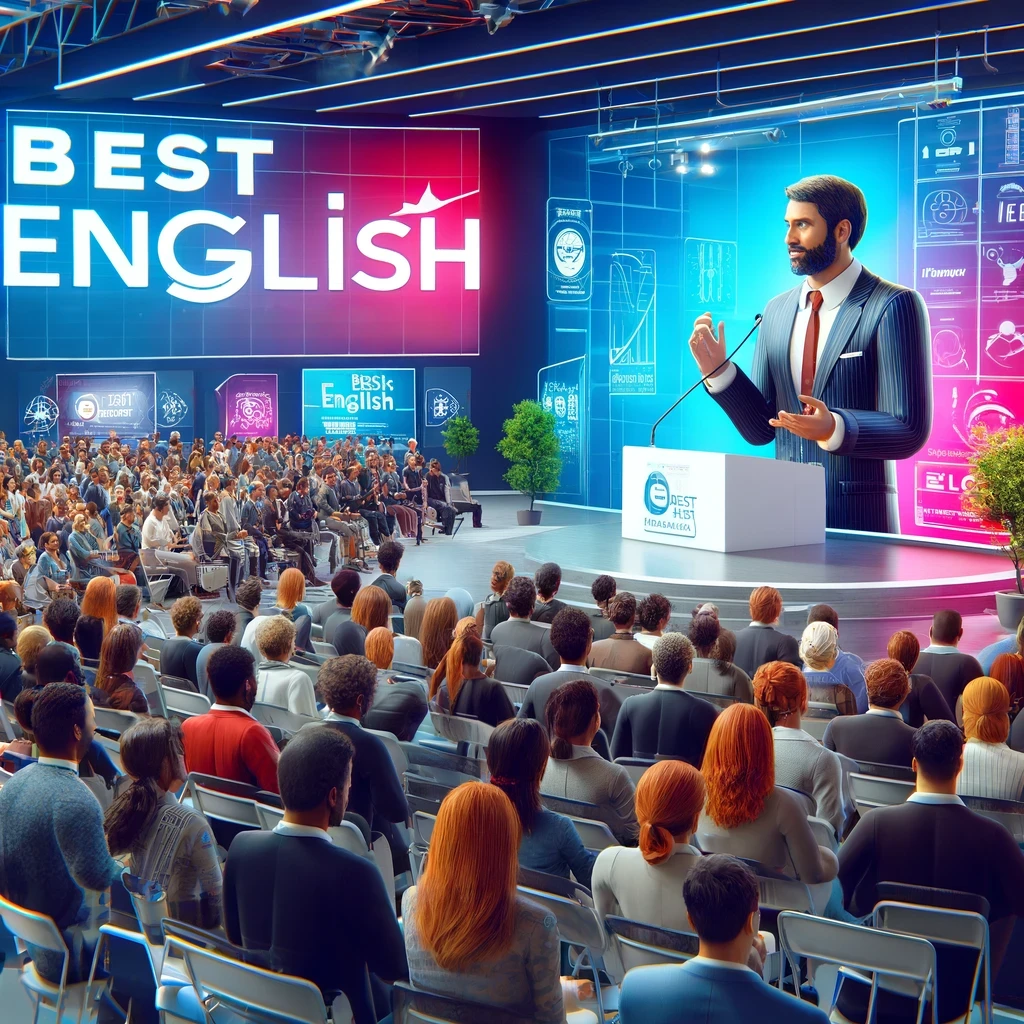 DALL·E 2024-04-24 19.45.16 - A vibrant 3D HD illustration of a large, diverse audience in a modern conference setting, designed for a language learning event. The scene features a