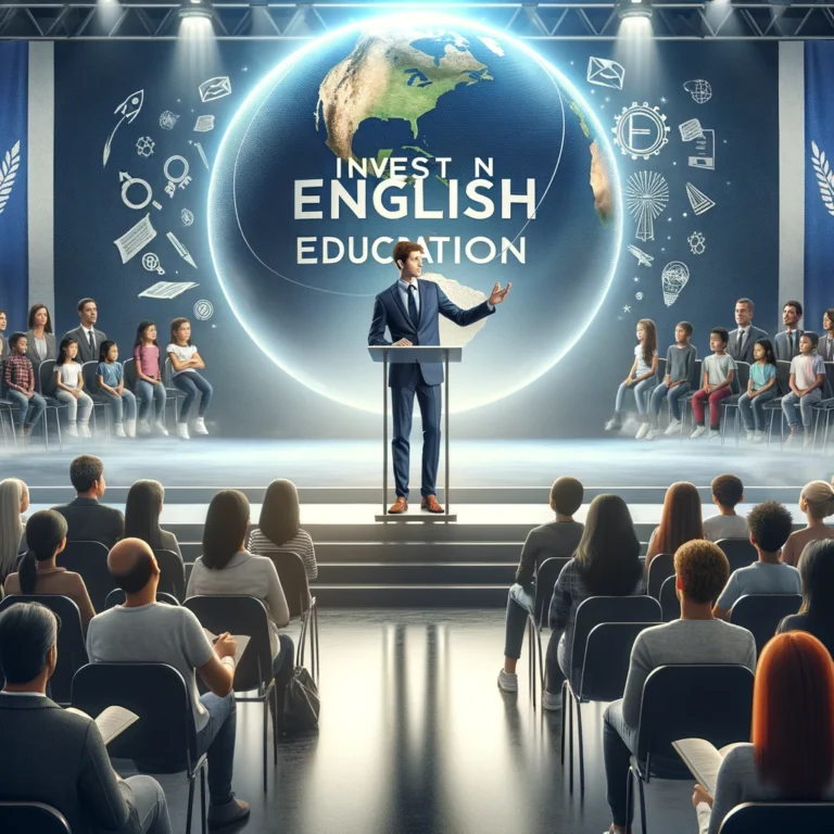 DALL·E 2024-04-26 20.27.12 - A dynamic public speaking scene at a modern educational conference. A confident speaker, possibly the director of an educational institution, stands a