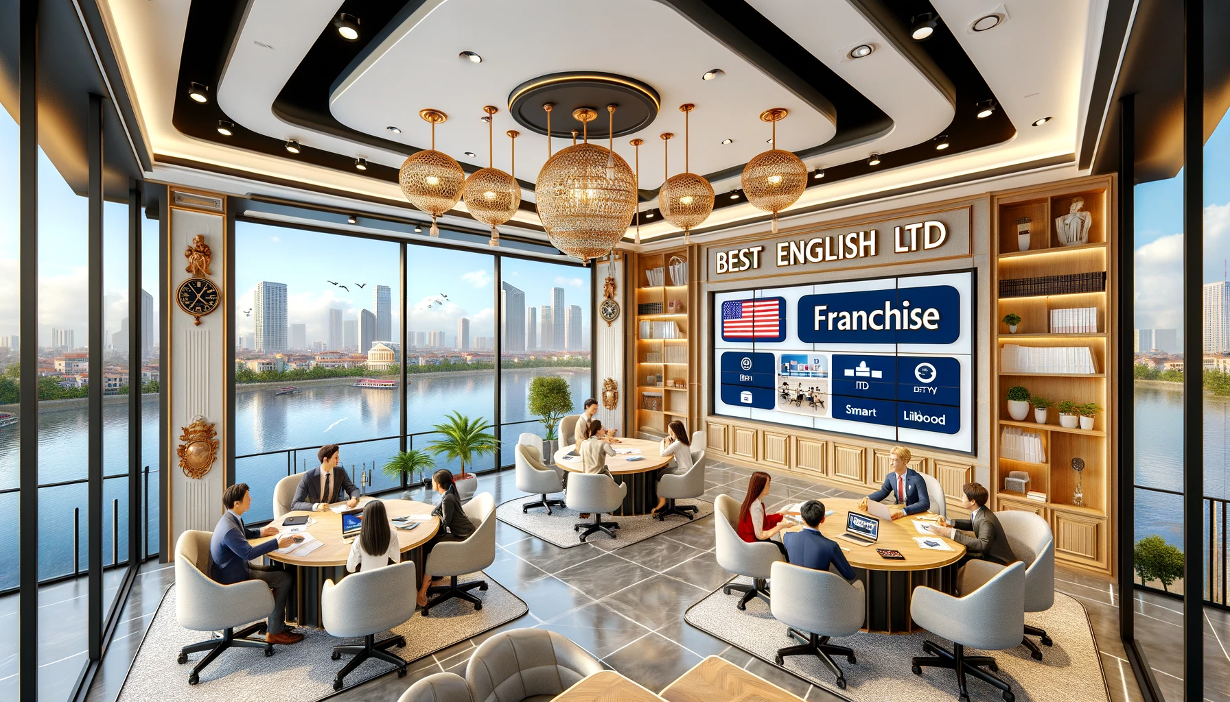 DALL·E 2024-05-04 10.11.45 - Revise the 3D HD image of a franchise office layout on the 7th floor to include exactly four round tables, each with people seated and actively engage