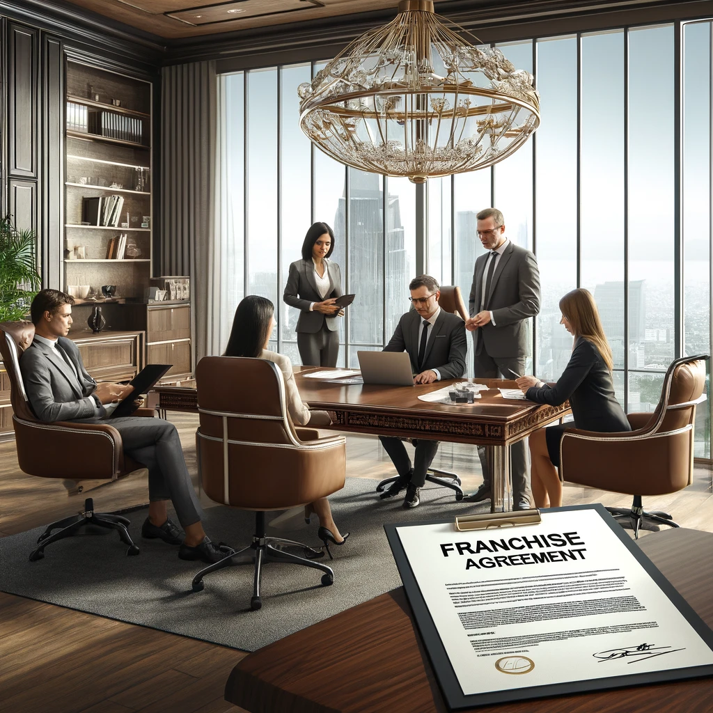DALL·E 2024-05-07 19.39.02 - Create a sophisticated and luxurious office scene illustrating a franchise agreement discussion. The office is elegantly designed with high-end furnis