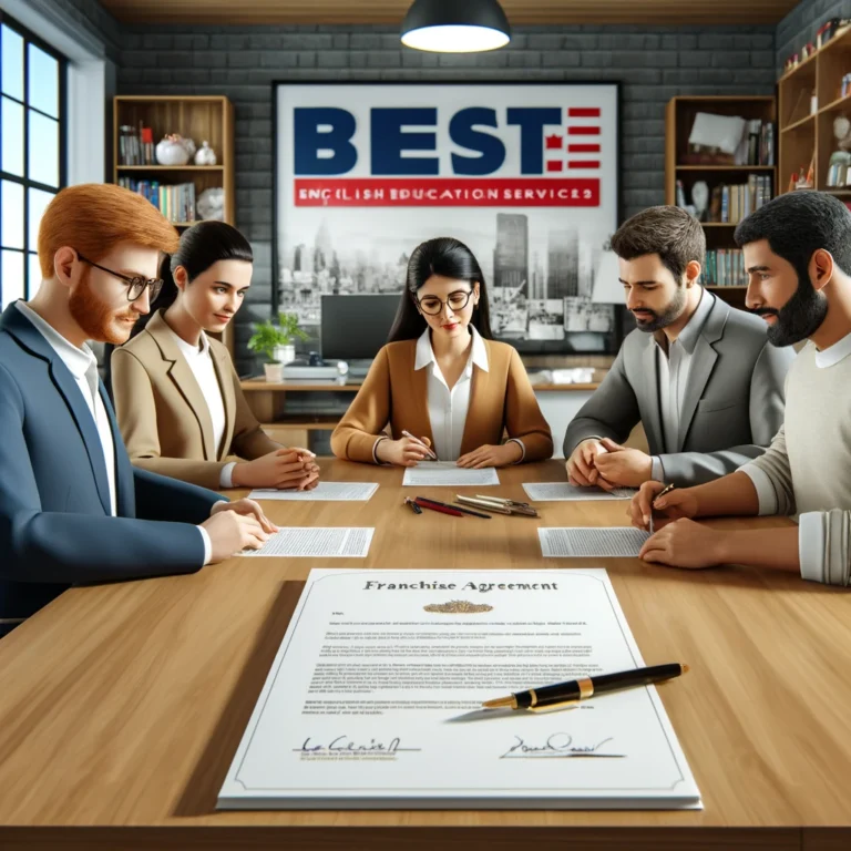 DALL·E 2024-05-07 19.51.24 - Create a realistic and detailed 3D office scene illustrating a franchise agreement signing. The setting is a well-lit modern office with a large woode