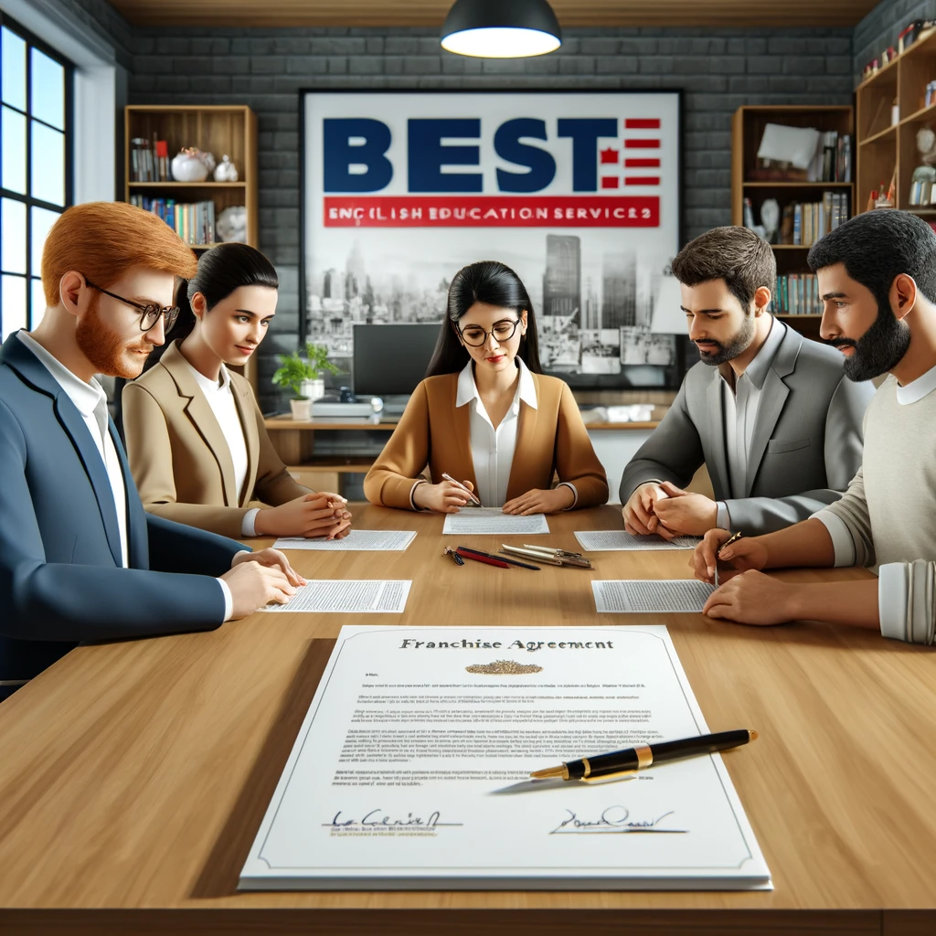 DALL·E 2024-05-07 19.51.24 - Create a realistic and detailed 3D office scene illustrating a franchise agreement signing. The setting is a well-lit modern office with a large woode